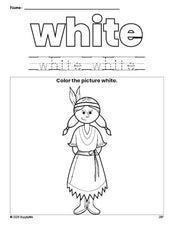 Free Thanksgiving Native American color white coloring page and color worksheet, white worksheet for preschoolers to learn colors, printable PDF