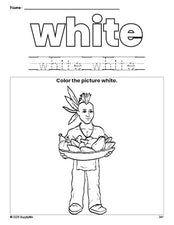 Free Thanksgiving Native American color white coloring page and color worksheet, white worksheet for preschoolers to learn colors, printable PDF