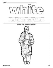 Free Thanksgiving Native American color white coloring page and color worksheet, white worksheet for preschoolers to learn colors, printable PDF