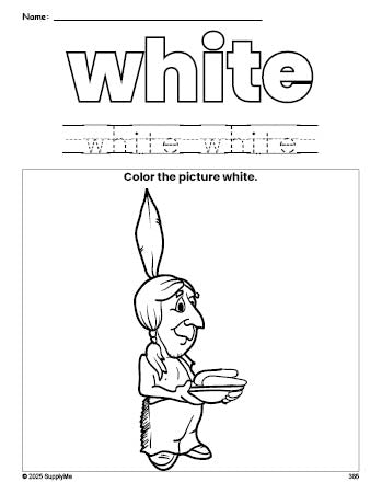 Free Thanksgiving Native American color white coloring page and color worksheet, white worksheet for preschoolers to learn colors, printable PDF