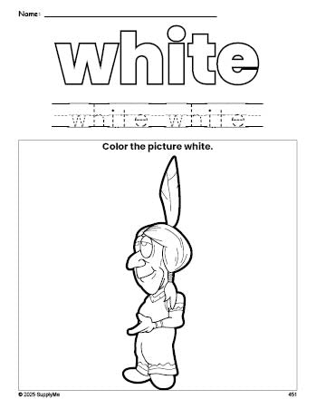 Free Thanksgiving Native American color white coloring page and color worksheet, white worksheet for preschoolers to learn colors, printable PDF