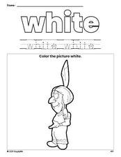 Free Thanksgiving Native American color white coloring page and color worksheet, white worksheet for preschoolers to learn colors, printable PDF