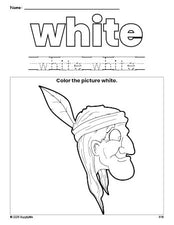 Free Thanksgiving Native American color white coloring page and color worksheet, white worksheet for preschoolers to learn colors, printable PDF