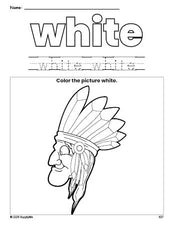 Free Thanksgiving Native American color white coloring page and color worksheet, white worksheet for preschoolers to learn colors, printable PDF