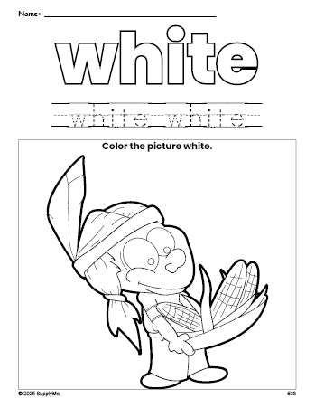 Free Thanksgiving Native American color white coloring page and color worksheet, white worksheet for preschoolers to learn colors, printable PDF