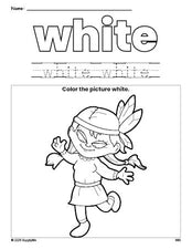 Free Thanksgiving Native American color white coloring page and color worksheet, white worksheet for preschoolers to learn colors, printable PDF