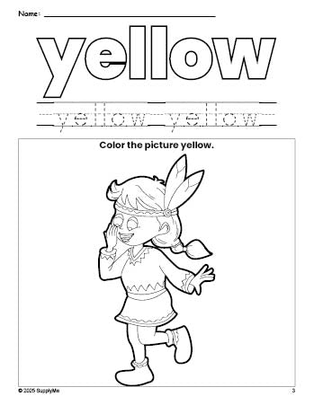 Free Thanksgiving Native American color yellow coloring page and color worksheet, yellow worksheet for preschoolers to learn colors, printable PDF