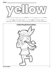 Free Thanksgiving Native American color yellow coloring page and color worksheet, yellow worksheet for preschoolers to learn colors, printable PDF