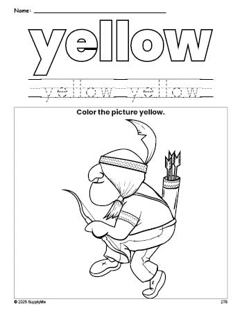 Free Thanksgiving Native American color yellow coloring page and color worksheet, yellow worksheet for preschoolers to learn colors, printable PDF