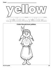 Free Thanksgiving Native American color yellow coloring page and color worksheet, yellow worksheet for preschoolers to learn colors, printable PDF