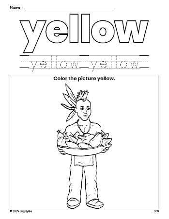 Free Thanksgiving Native American color yellow coloring page and color worksheet, yellow worksheet for preschoolers to learn colors, printable PDF