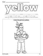 Free Thanksgiving Native American color yellow coloring page and color worksheet, yellow worksheet for preschoolers to learn colors, printable PDF