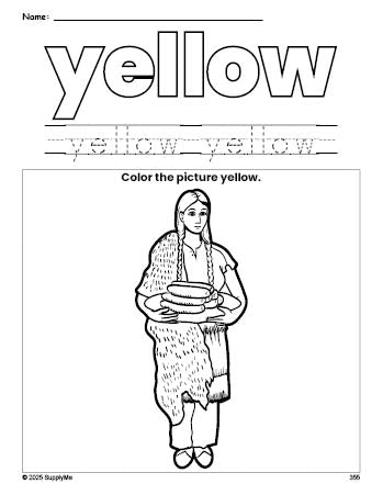 Free Thanksgiving Native American color yellow coloring page and color worksheet, yellow worksheet for preschoolers to learn colors, printable PDF