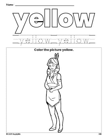 Free Thanksgiving Native American color yellow coloring page and color worksheet, yellow worksheet for preschoolers to learn colors, printable PDF