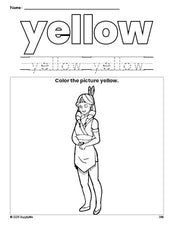 Free Thanksgiving Native American color yellow coloring page and color worksheet, yellow worksheet for preschoolers to learn colors, printable PDF