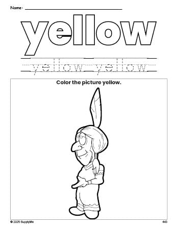 Free Thanksgiving Native American color yellow coloring page and color worksheet, yellow worksheet for preschoolers to learn colors, printable PDF