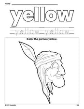 Free Thanksgiving Native American color yellow coloring page and color worksheet, yellow worksheet for preschoolers to learn colors, printable PDF