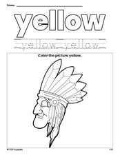 Free Thanksgiving Native American color yellow coloring page and color worksheet, yellow worksheet for preschoolers to learn colors, printable PDF