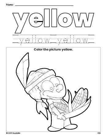 Free Thanksgiving Native American color yellow coloring page and color worksheet, yellow worksheet for preschoolers to learn colors, printable PDF