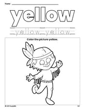 Free Thanksgiving Native American color yellow coloring page and color worksheet, yellow worksheet for preschoolers to learn colors, printable PDF