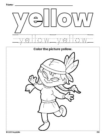 Free Thanksgiving Native American color yellow coloring page and color worksheet, yellow worksheet for preschoolers to learn colors, printable PDF