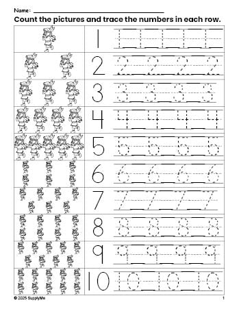 Free printable Thanksgiving Native American counting worksheet for preschool and pre-k with number tracing practice 1-10, PDF