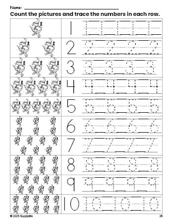 Free printable Thanksgiving Native American counting worksheet for preschool and pre-k with number tracing practice 1-10, PDF