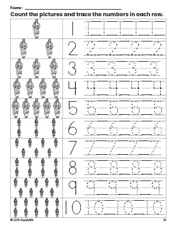 Free printable Thanksgiving Native American counting worksheet for preschool and pre-k with number tracing practice 1-10, PDF