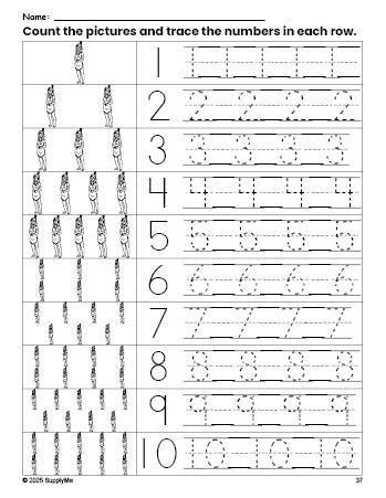 Free printable Thanksgiving Native American counting worksheet for preschool and pre-k with number tracing practice 1-10, PDF