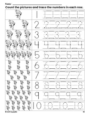 Free printable Thanksgiving Native American counting worksheet for preschool and pre-k with number tracing practice 1-10, PDF