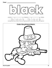 Free Thanksgiving pilgrim color black coloring page and color worksheet, black worksheet for preschoolers to learn colors, printable PDF