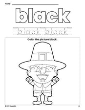 Free Thanksgiving pilgrim color black coloring page and color worksheet, black worksheet for preschoolers to learn colors, printable PDF