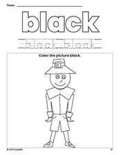 Free Thanksgiving pilgrim color black coloring page and color worksheet, black worksheet for preschoolers to learn colors, printable PDF