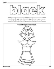 Free Thanksgiving pilgrim color black coloring page and color worksheet, black worksheet for preschoolers to learn colors, printable PDF