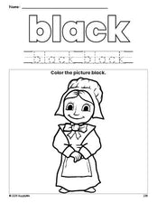 Free Thanksgiving pilgrim color black coloring page and color worksheet, black worksheet for preschoolers to learn colors, printable PDF