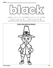 Free Thanksgiving pilgrim color black coloring page and color worksheet, black worksheet for preschoolers to learn colors, printable PDF