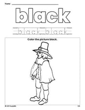 Free Thanksgiving pilgrim color black coloring page and color worksheet, black worksheet for preschoolers to learn colors, printable PDF