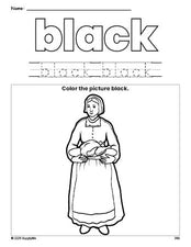 Free Thanksgiving pilgrim color black coloring page and color worksheet, black worksheet for preschoolers to learn colors, printable PDF