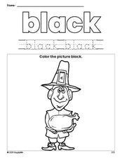 Free Thanksgiving pilgrim color black coloring page and color worksheet, black worksheet for preschoolers to learn colors, printable PDF