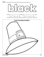 Free Thanksgiving pilgrim color black coloring page and color worksheet, black worksheet for preschoolers to learn colors, printable PDF