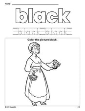 Free Thanksgiving pilgrim color black coloring page and color worksheet, black worksheet for preschoolers to learn colors, printable PDF