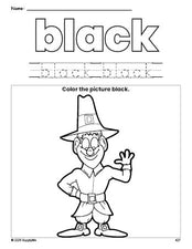 Free Thanksgiving pilgrim color black coloring page and color worksheet, black worksheet for preschoolers to learn colors, printable PDF