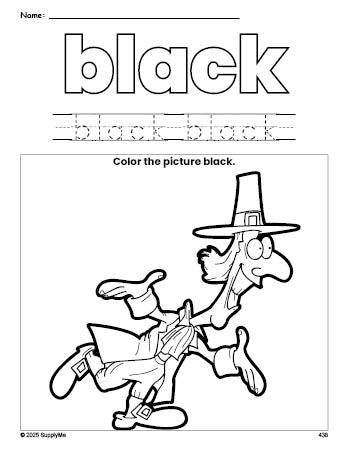 Free Thanksgiving pilgrim color black coloring page and color worksheet, black worksheet for preschoolers to learn colors, printable PDF