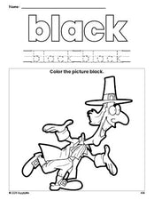 Free Thanksgiving pilgrim color black coloring page and color worksheet, black worksheet for preschoolers to learn colors, printable PDF