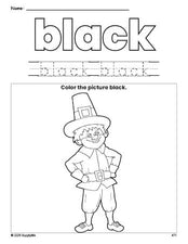 Free Thanksgiving pilgrim color black coloring page and color worksheet, black worksheet for preschoolers to learn colors, printable PDF