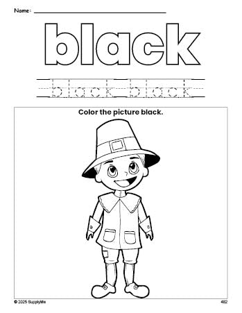 Free Thanksgiving pilgrim color black coloring page and color worksheet, black worksheet for preschoolers to learn colors, printable PDF