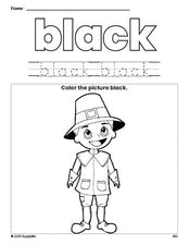 Free Thanksgiving pilgrim color black coloring page and color worksheet, black worksheet for preschoolers to learn colors, printable PDF