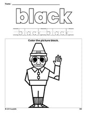 Free Thanksgiving pilgrim color black coloring page and color worksheet, black worksheet for preschoolers to learn colors, printable PDF