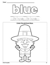 Free Thanksgiving pilgrim color blue coloring page and color worksheet, blue worksheet for preschoolers to learn colors, printable PDF