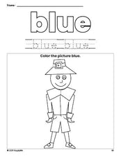 Free Thanksgiving pilgrim color blue coloring page and color worksheet, blue worksheet for preschoolers to learn colors, printable PDF